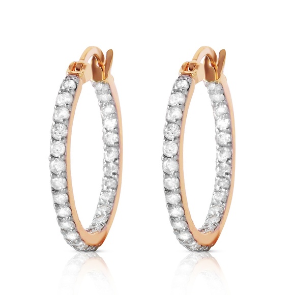14K. SOLID GOLD HOOP EARRING WITH NATURAL DIAMONDS - Picture 2 of 5